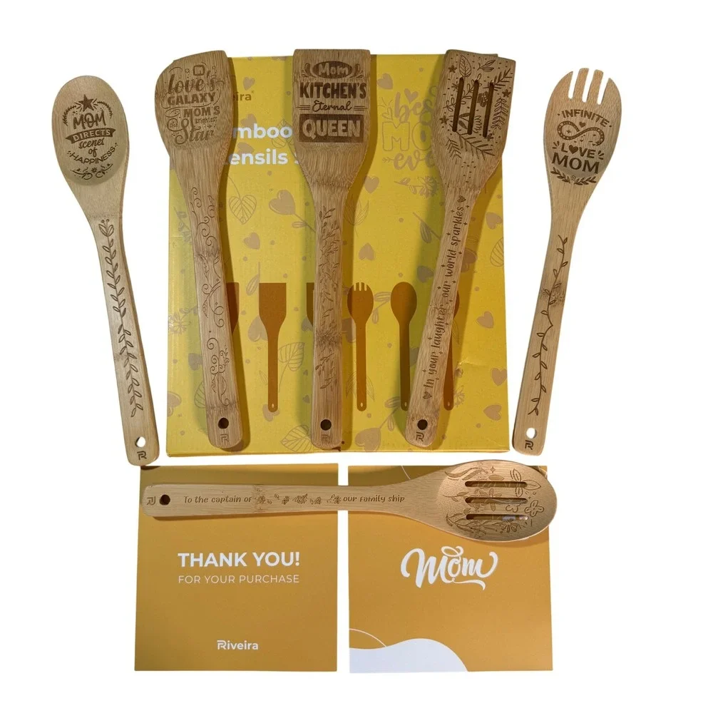 Riveira Bamboo Kitchen Utensils Spatulas Spoons‎ Set Mom Gift 6pc